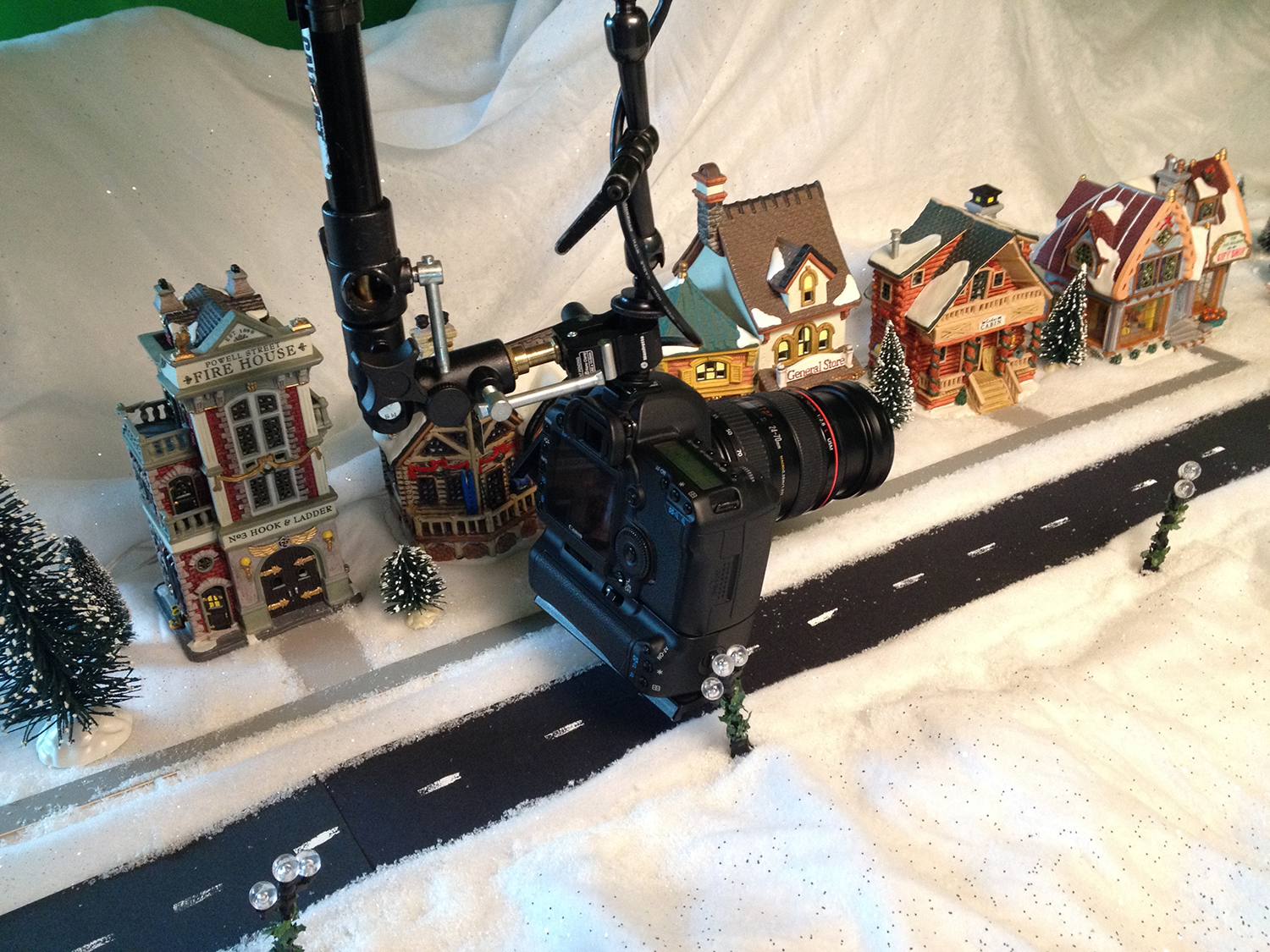 Close up of camera ready to move down the street set of Snow in Love